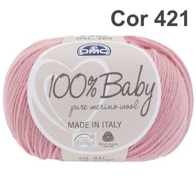 Novelo de lã rosa claro 100% merino para bebé DMC com rótulo branco