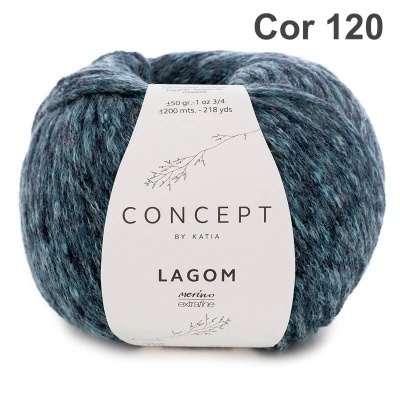 Novelo de lã azul cinzento com rótulo branco da marca Concept by Katia