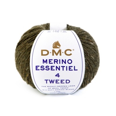 Novelo de lã Merino Essentiel 4 Tweed da marca DMC na cor 909, verde escuro com detalhes coloridos
