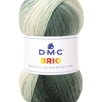 Novelo de lã D.M.C BRIO com rótulo branco e mistura de cores verde e bege.