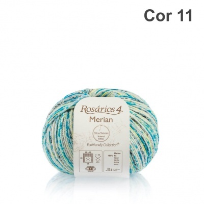 Novelo de lã multicolor azul, verde e bege da marca Rosários 4 Merian com etiqueta