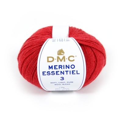 Novelo de lã vermelho D.M.C Merino Essentiel 3 com etiqueta branca e texto azul e dourado