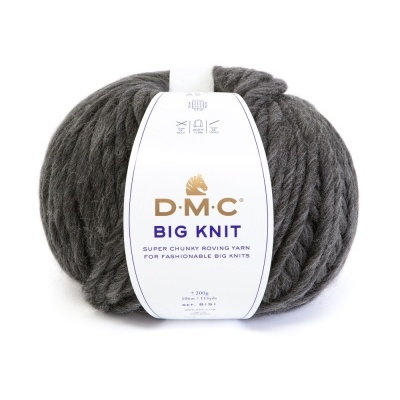 Novelo de fio grosso cinzento com etiqueta D.M.C Big Knit e Cor 104