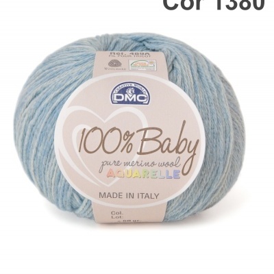 Novelo de lã merino azul claro com rótulo DMC 100% Baby Aquarelle