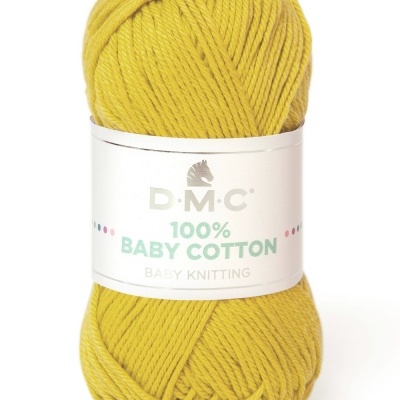 Novelo de lã amarelo mostarda com etiqueta branca e texto D.M.C 100% BABY COTTON BABY KNITTING, cor 771