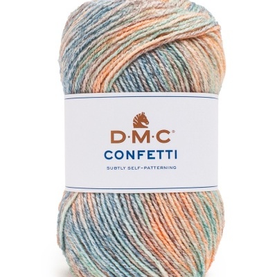 Novelo de fio Confetti D.M.C. cor 551 tons azul verde laranja bege com etiqueta branca
