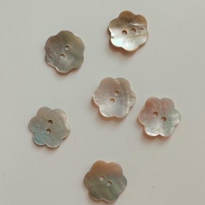 Seis botões pequenos em forma de flor de madrepérola com dois furos em fundo branco