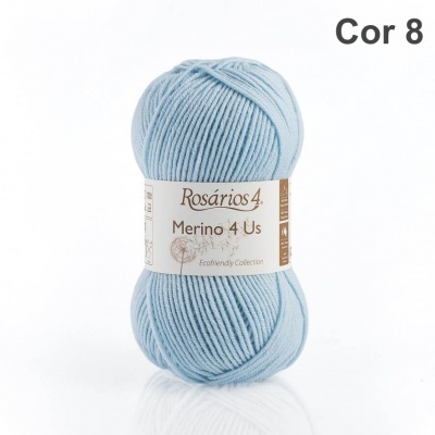 Novelo de lã azul claro Rosários 4 Merino 4 Us com etiqueta branca