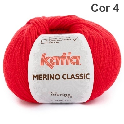 Novelo de lã vermelha Katia Merino Classic com etiqueta branca e texto em destaque