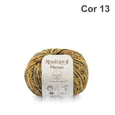 Novelo de lã Rosários 4 Merian cor 13 amarelo verde preto com rótulo branco