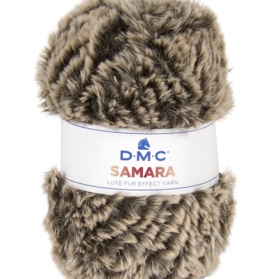 Novelo de fio castanho com efeito pelo e etiqueta branca DMC Samara Cor 403