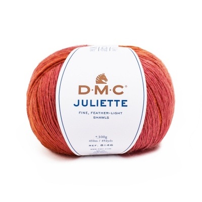 Novelo de lã DMC Juliette em tons de laranja e vermelho com etiqueta branca