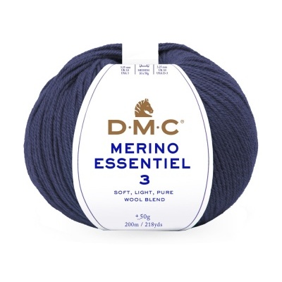 Novelo de lã azul escuro DMC Merino Essentiel 3 cor 987 com etiqueta