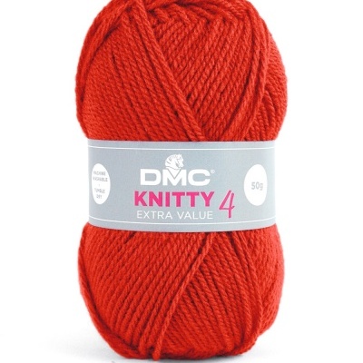 Novelo de lã vermelho DMC KNITTY 4 com etiqueta cinzenta e branca