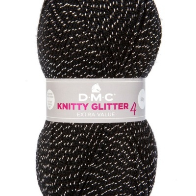 Novelo de fio preto com brilho prateado com etiqueta branca D.M.C KNITTY GLITTER 4