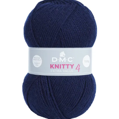Novelo de lã azul escura D.M.C Knitty 4 com etiqueta branca