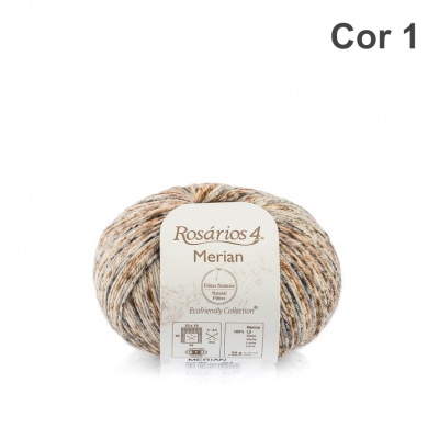 novelo de lã Rosários 4 Merian em tons bege, castanho e cinza com etiqueta branca
