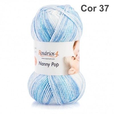 Novelo de lã azul e branco com etiqueta Rosários 4 Nanny Pop Cor 37