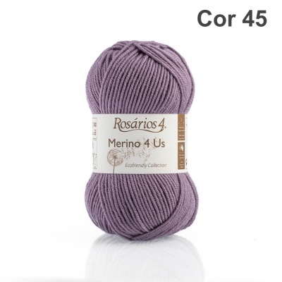 Novelo de lã roxa marca Rosários 4 modelo Merino 4 Us com etiqueta branca