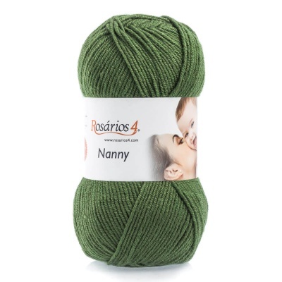 Novelo de fio verde olive de lã Rosários 4 Nanny com etiqueta branca