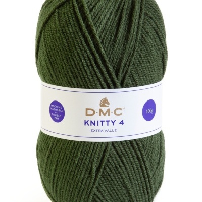 Novelo de lã verde escura com etiqueta D.M.C KNITTY 4 100g e indicação Cor 602