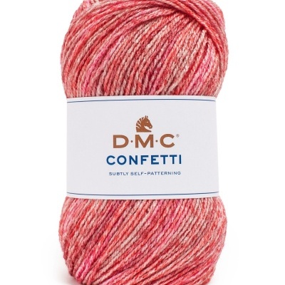 Novelo de fio rosa, vermelho e branco da marca D.M.C. Confetti Cor 550