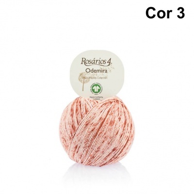 Novelo de fio Rosários 4 cor 3, rosa e branco, com rótulo redondo branco