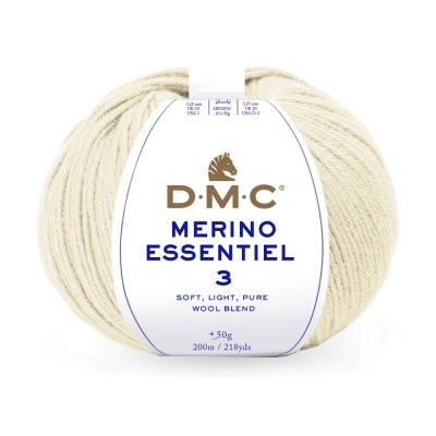 Novelo de lã creme DMC Merino Essentiel 3 com etiqueta branca e texto azul e castanho