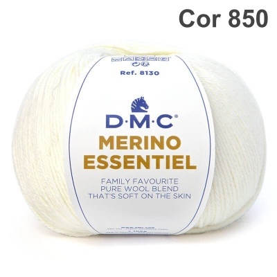 Novelo de lã merino branca D.M.C. Merino Essentiel com rótulo informativo