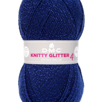 Novelo azul escuro com brilho metálico e etiqueta DMC Knitty Glitter 4