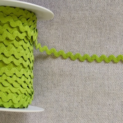 Rolo de fita ondulada verde numa base branca sobre tecido cinzento.