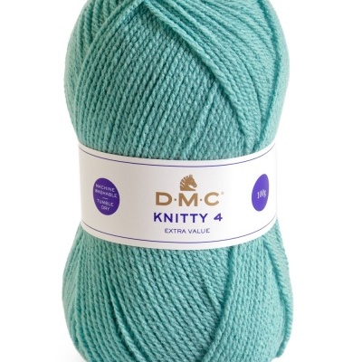 Novelo de lã turquesa D.M.C. KNITTY 4, 100g com rótulo branco e roxo