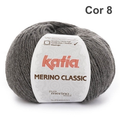 Novelo de lã cinza escuro Katia Merino Classic com rótulo branco
