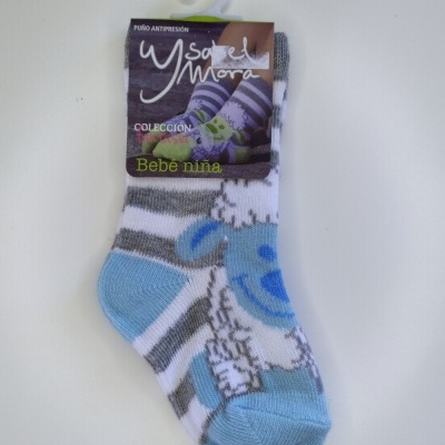Meia para bebé menina cinza, branca e azul com desenho de animal