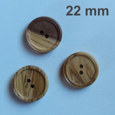 Três botões redondos de madeira em fundo azul com texto '22 mm'