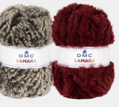 Dois novelos de fio felpudo DMC Samara em cinza e vinho escuro com etiquetas