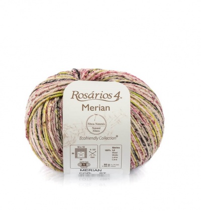 Novelo de lã multicolorida Rosários 4 Merian com etiqueta branca