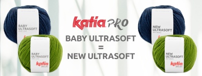 Novelos de lã Katia Pro em azul escuro e verde com etiquetas. Texto Katia Pro Baby Ultrasoft = New Ultrasoft.