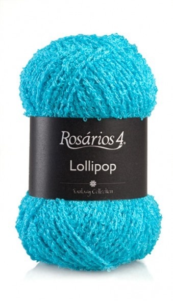 Novelo de fio azul turquesa com etiqueta preta Rosários 4 Lollipop