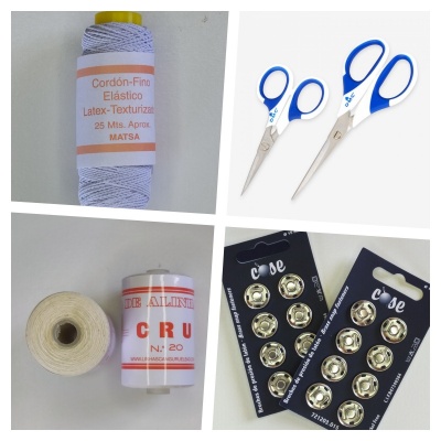 Produtos de costura incluindo cordão elástico, tesouras, linha e botões de pressão.
