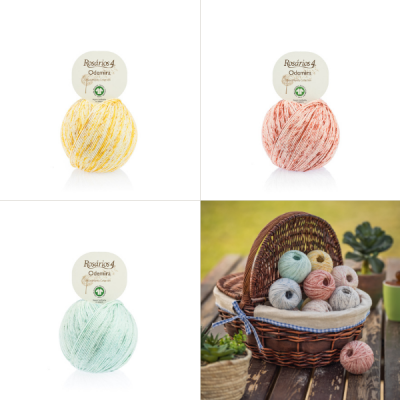 Novelos de lã em várias cores com padrões mesclados em branco, alguns dentro de um cesto de vime