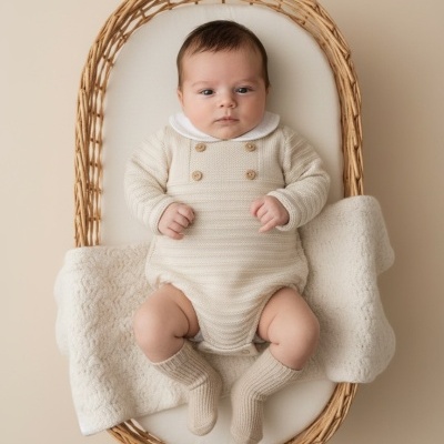 Bebé deitado numa cesta de verga com roupa de malha creme