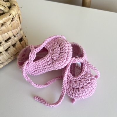 Sapatitos Laçada - Croché - Rosa Bebé