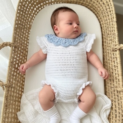 Bebé deitado numa cesta de vime com fato malha branco e gola azul