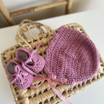 Touca Fita de Cetim - Croché - Rosa Velho