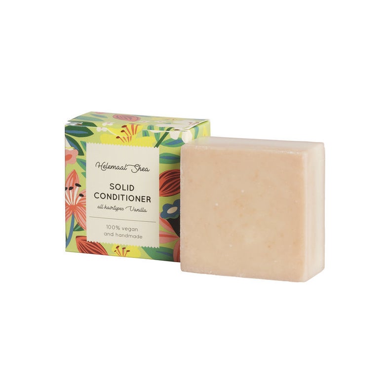 Condicionador sólido bege com embalagem floral colorida e texto