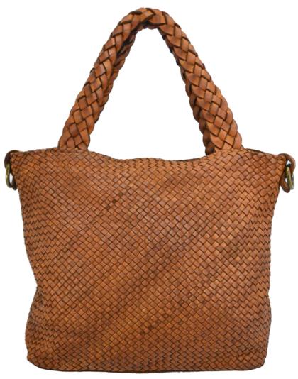 Mala de mão castanha trançada com alças trançadas e ferragens douradas