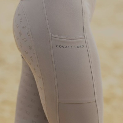 Calças justas bege para equitação com bolso lateral e logotipo COVALLIERO