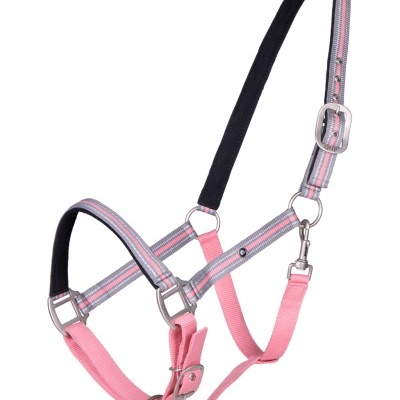 Cabresto para cavalo rosa e cinza com fivelas metálicas e almofadas negras.