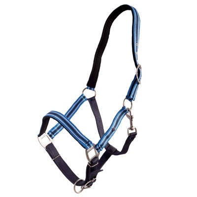 Cabresto para cavalo azul e preto com fivelas metálicas prateadas